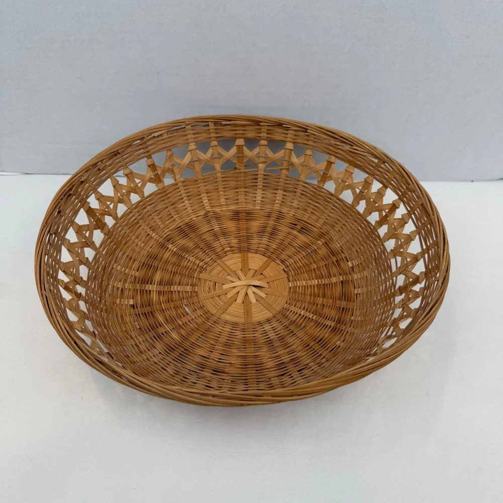 Vintage Woven Bamboo Round Basket Boho Lattice Fruit Bread Bowl 11.5 Inch